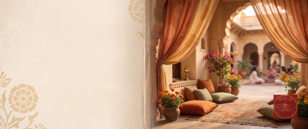 Calm and peaceful Rajasthani courtyard representing mental wellness and growth - BloombyAryaa Jaipur