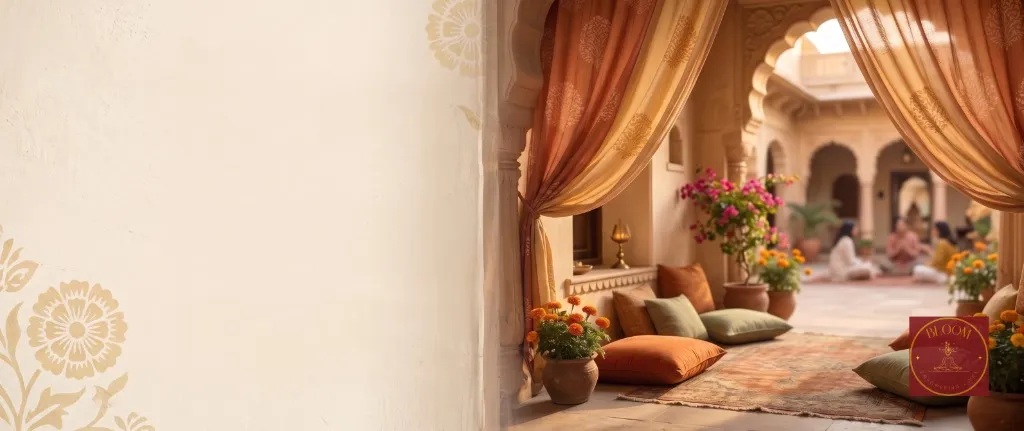 Calm and peaceful Rajasthani courtyard representing mental wellness and growth - BloombyAryaa Jaipur